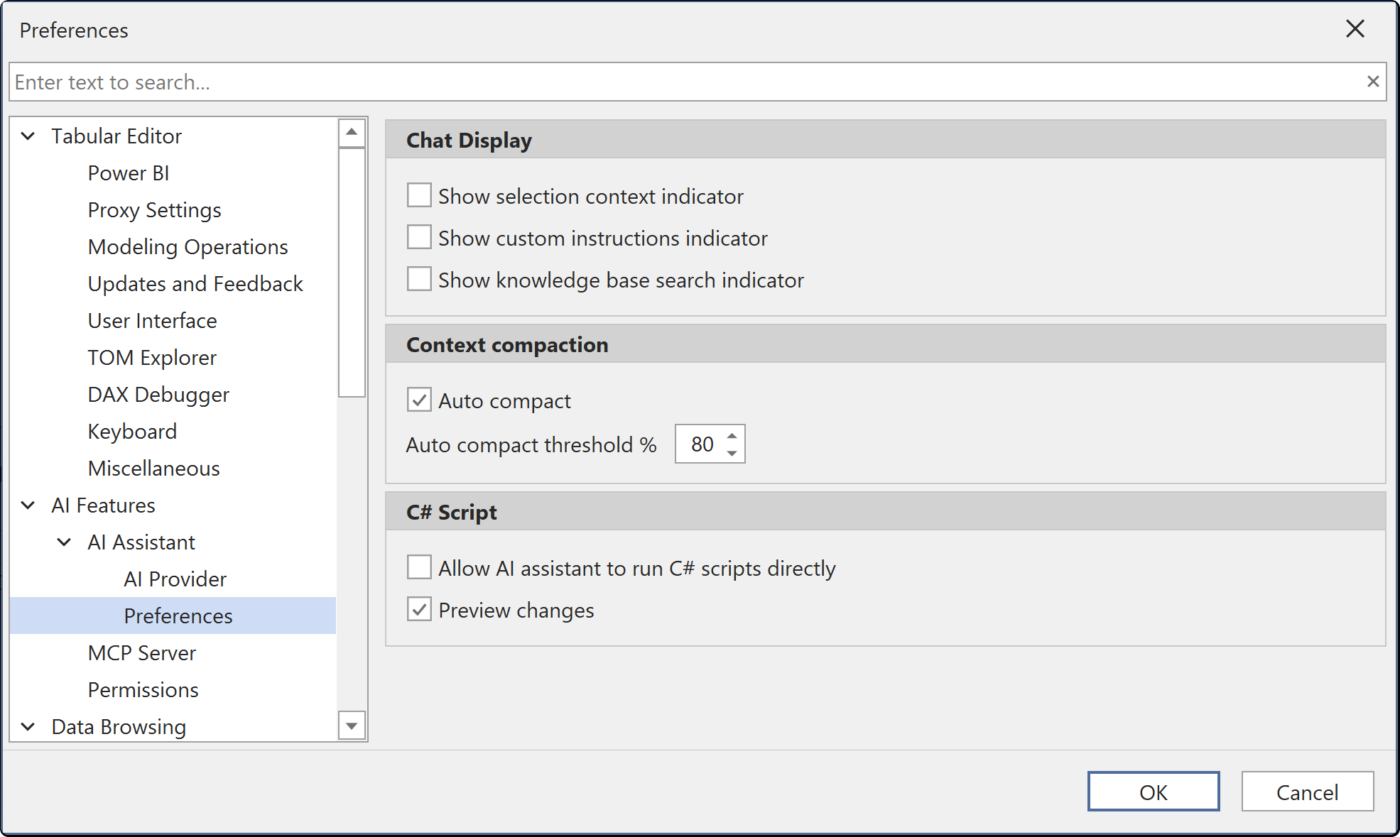 The AI Assistant preferences page, with the three chat display indicators cleared (the default), Auto compact selected with a threshold of 80, Allow AI assistant to run C# scripts directly cleared and Preview changes selected