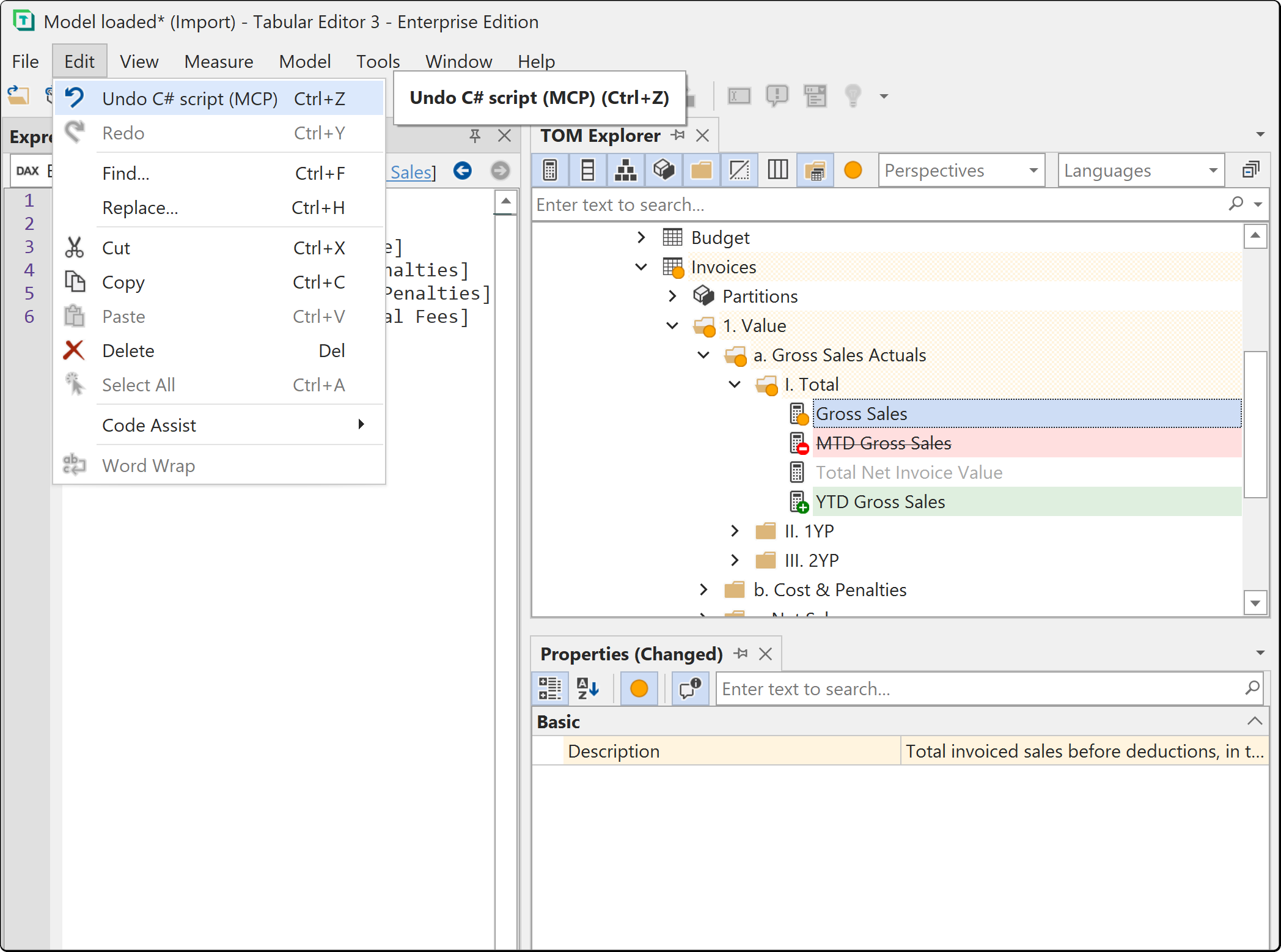 The Edit menu open on a single Undo C# script (MCP) entry, with the TOM Explorer marking an added measure in green, a changed measure in orange and a deleted measure struck through in red, and the Properties view filtered to the one changed property
